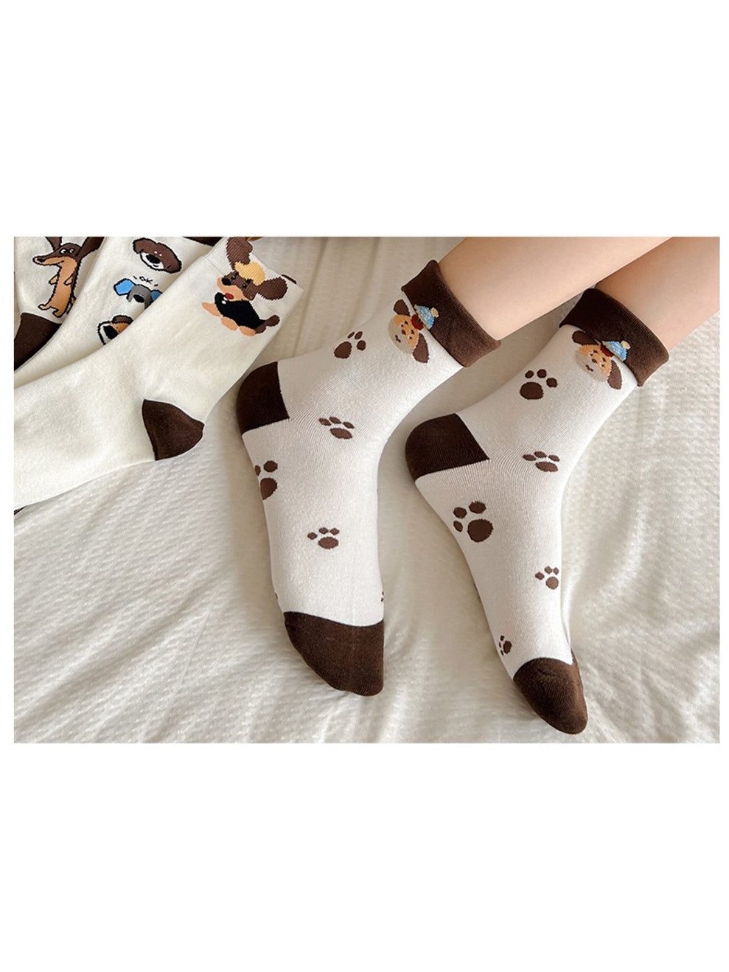 Rufia - Brown Puppy Print Crew Socks
