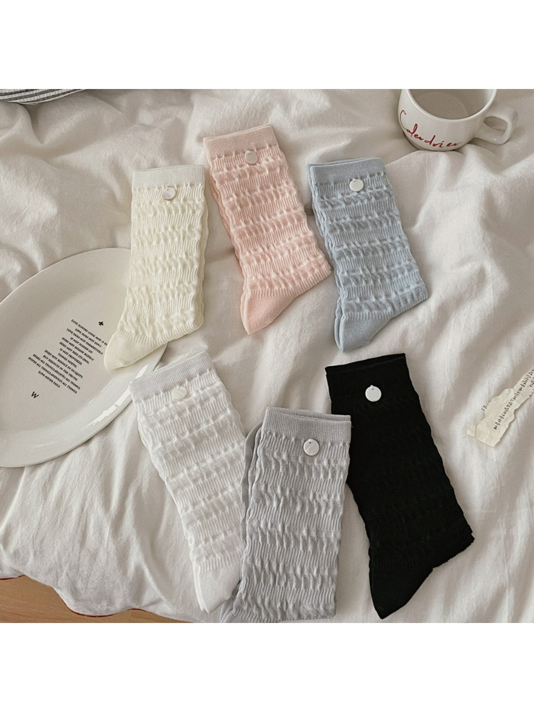 Rufia - Solid Button Decor Crew Socks