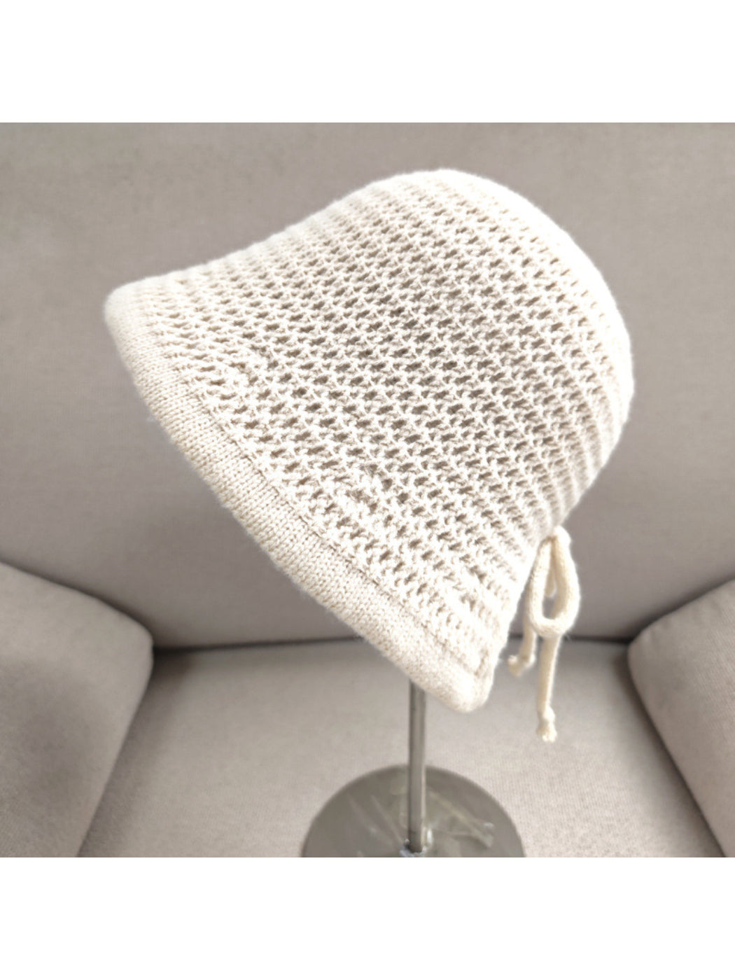 Haila - Openwork Knit Tie Strap Bonnet