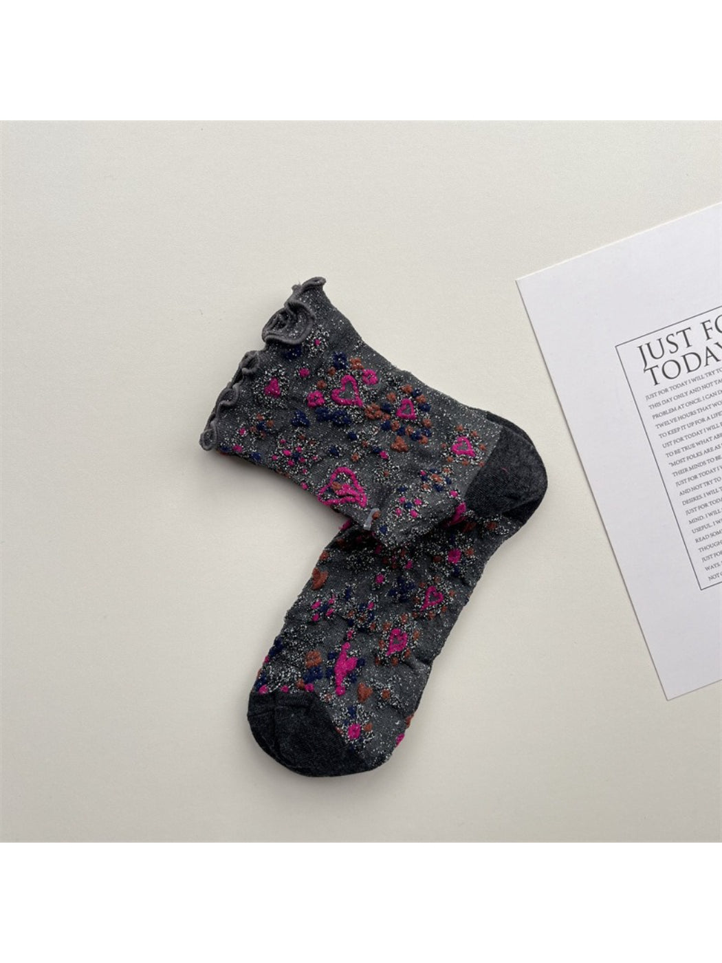 Rufia Heart White Mid-Calf Socks worn on feet showing mid-calf length and heart pattern