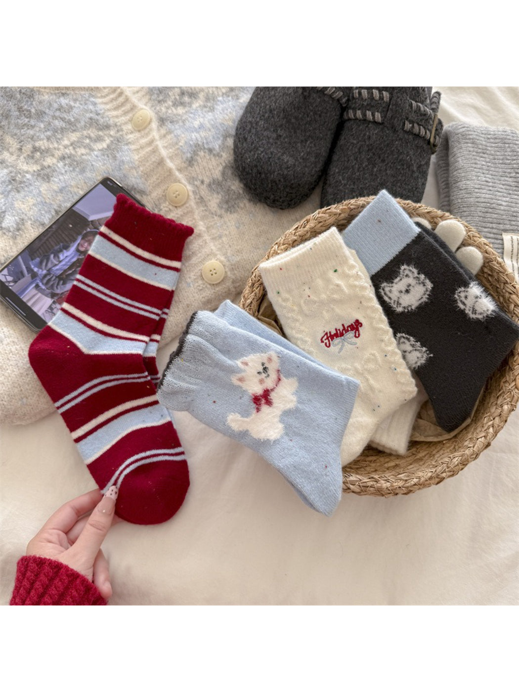 Rufia - Cute Bear & Stripe Knit Crew Socks product image 1