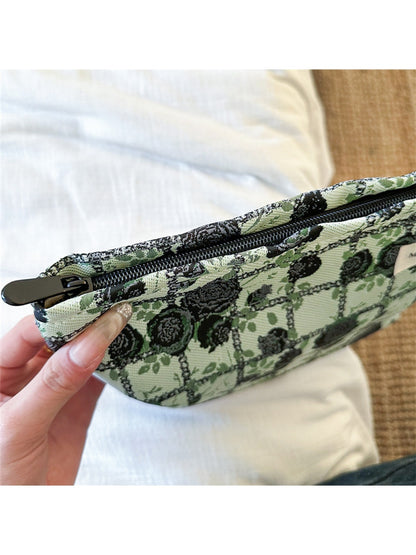 Cosbai - Floral and Grid Pattern Zip Pouch