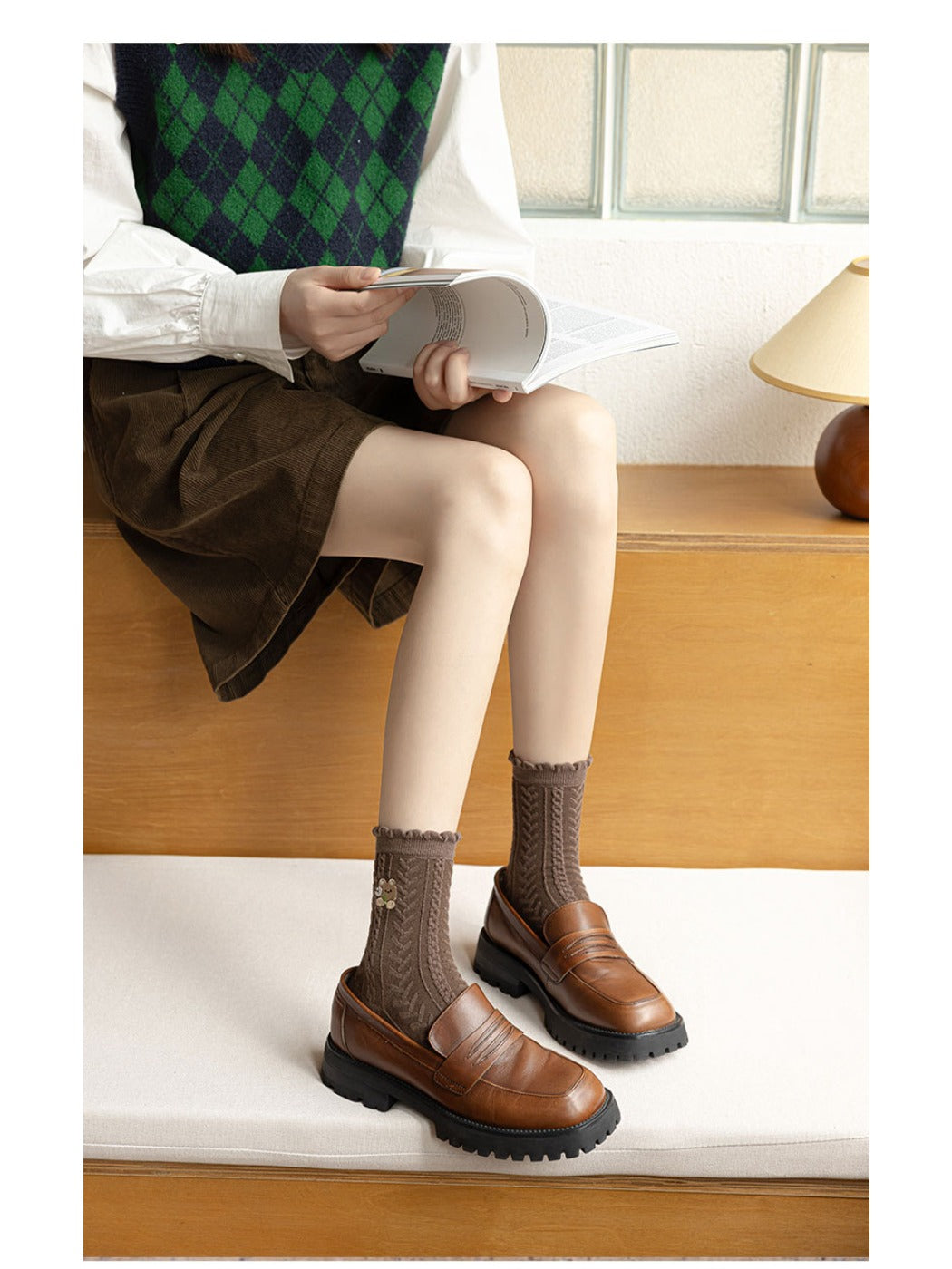 Rufia - Cartoon Bear Plaid Mid-Calf Socks