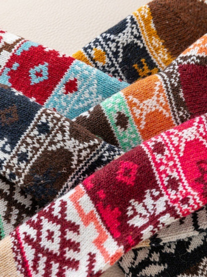 Rufia - Retro Snowflake Thick Mid-Calf Winter Socks - 5 Pairs/Pack