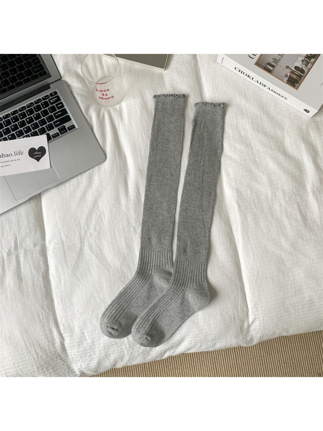 Rufia - Ribbed Knee High Socks with Scalloped Trim