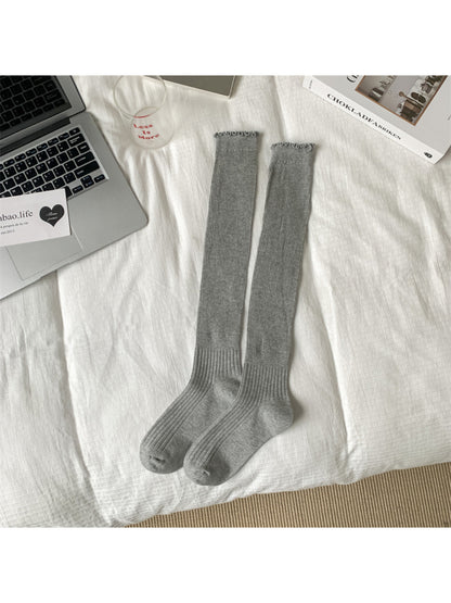 Rufia - Ribbed Knee High Socks with Scalloped Trim