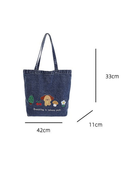 Cosbai - Denim Embroidery Tote Bag for Women