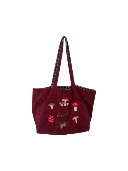 Cosbai – Retro Corduroy Mushroom Embroidered Shoulder Bag