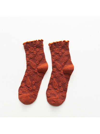 Rufia - Scalloped Trim Floral Pattern Crew Socks