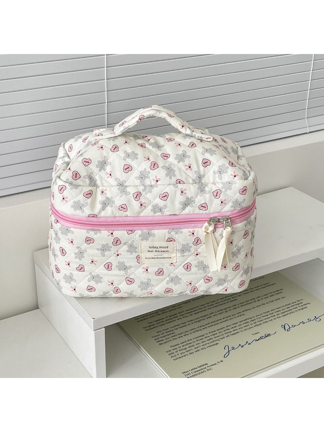 Cosbai - Gray Rabbit and Heart Print Cosmetic Bag