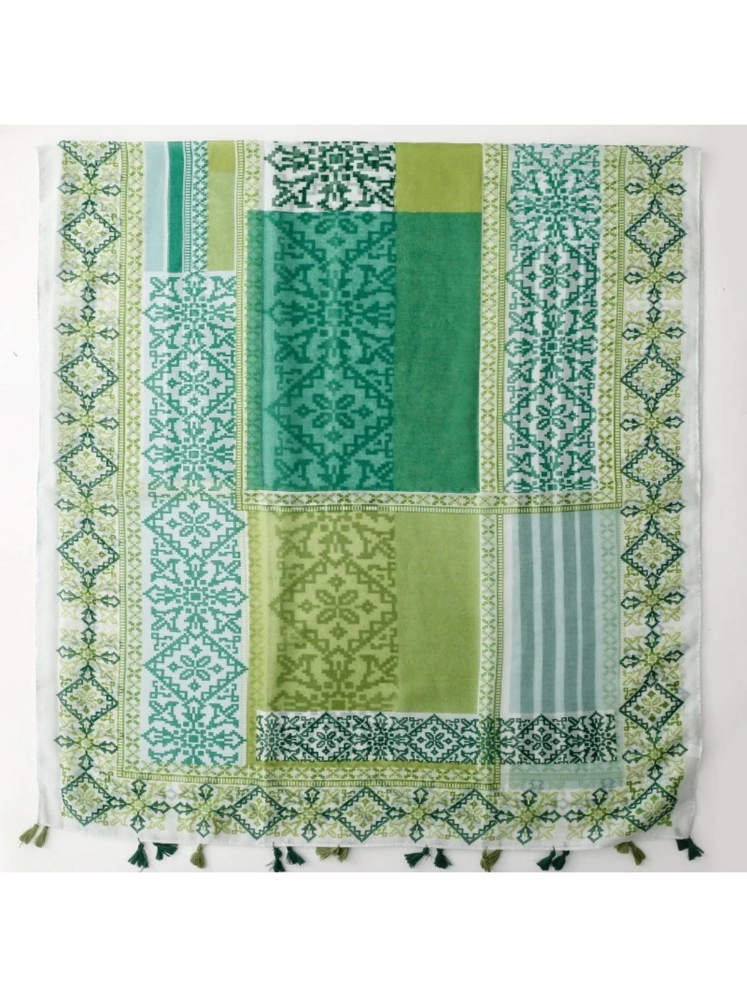 Scarvii - Green Geometric Patchwork Tassel Wrap Scarf