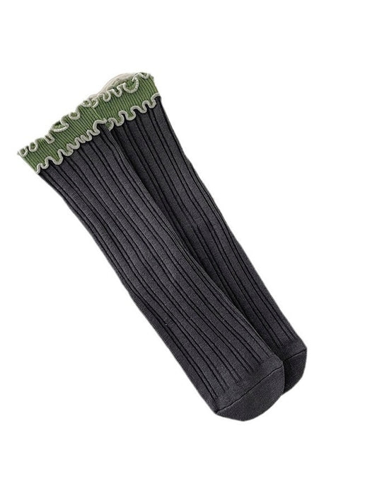 Rufia - Contrast Ruffle Trim Ribbed Crew Socks