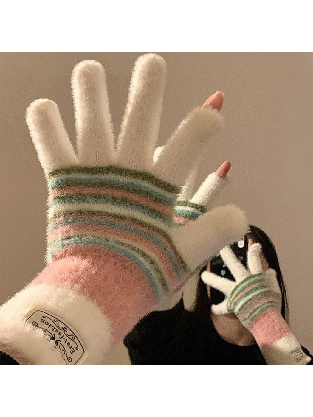 Gloving - Plush Stripe Finger-Opening Winter Gloves