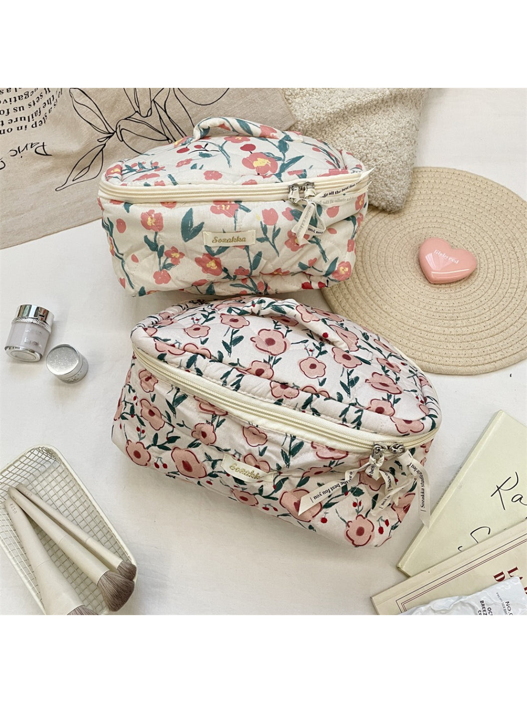 Cosbai - Floral Quilted Cosmetic Bag