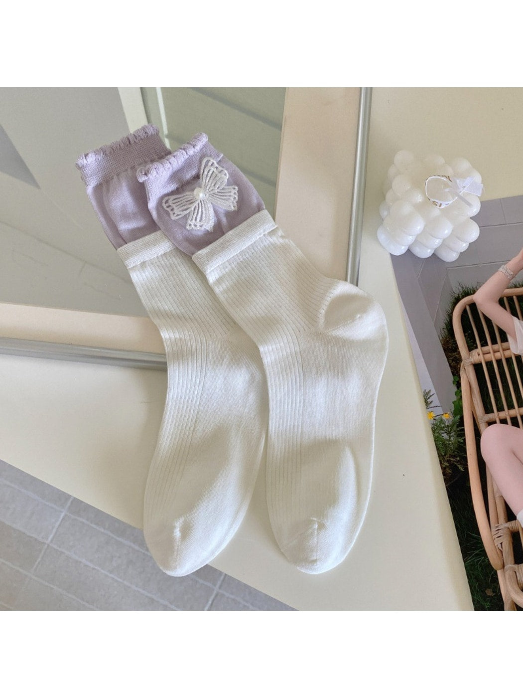 Rufia - Sweet Floral Bow Ruffle Openwork Crew Socks