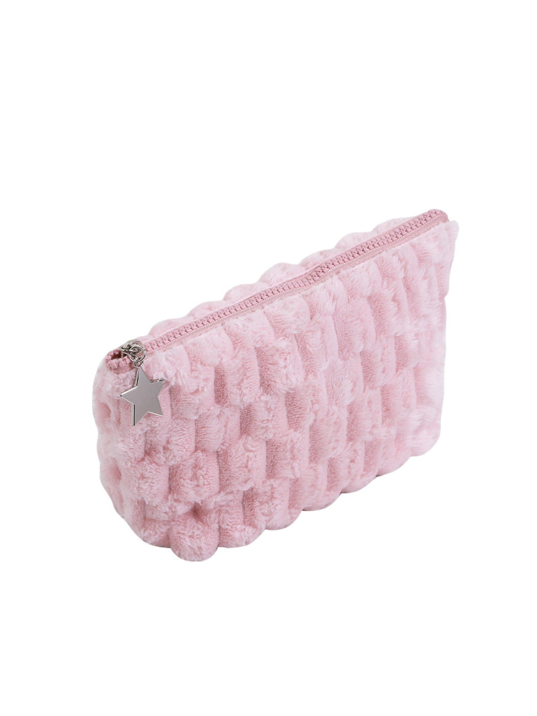 Cosbai fuzzy makeup pouch held in hand highlighting size and star pendant detail