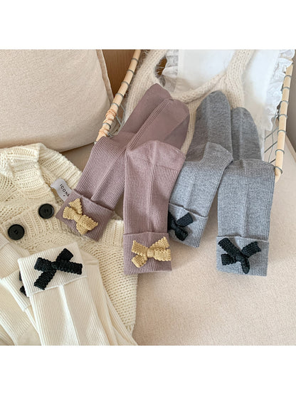 Rufia - Colorblock Bow Accent Ribbed Solid Color Crew Socks