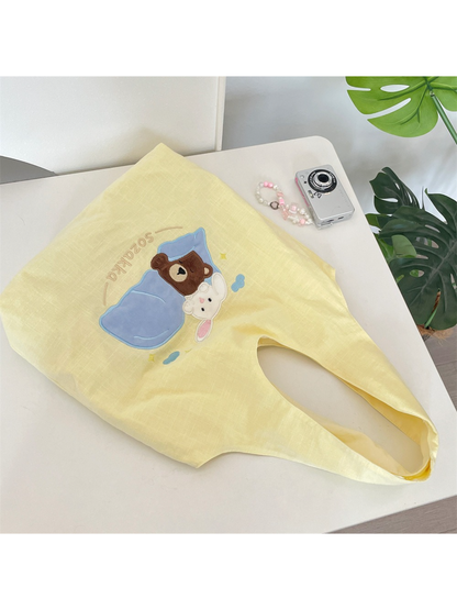 Cosbai - Embroidered Bear and Bunny Hobo Bag