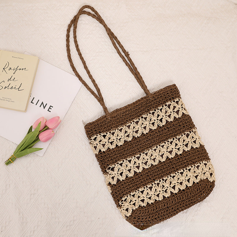 Hollow-Out Floral Single-Shoulder Straw Bag