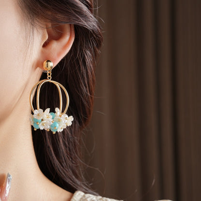 Earwish - Beige Floral Hoop Earrings - Romantic & Charming
