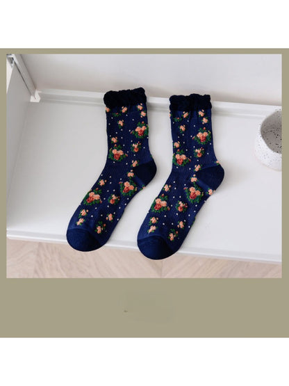 Close-up of sock heel and toe area on Rufia vintage rose floral crew socks