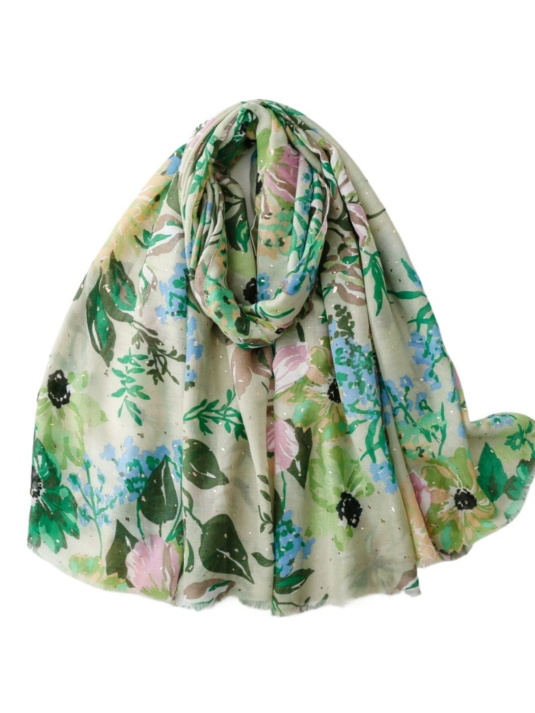 Scarvii scarf draped over a chair highlighting lightweight material and floral design