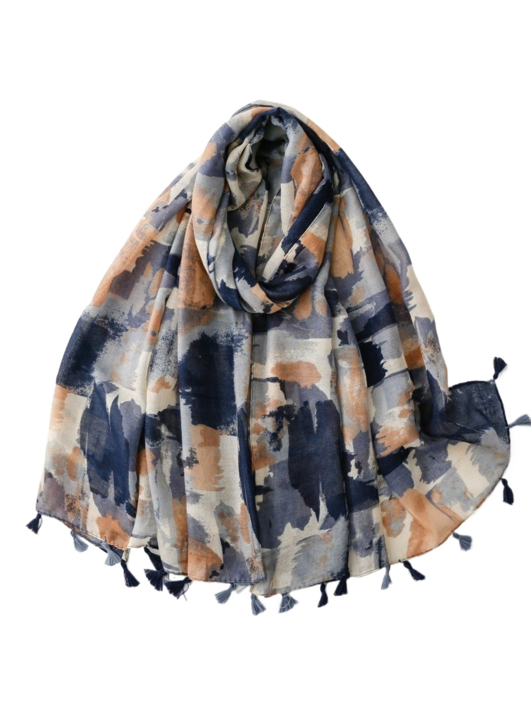 Scarvii abstract brushstroke scarf with multicolor tassels displayed flat