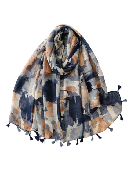 Scarvii abstract brushstroke scarf with multicolor tassels displayed flat