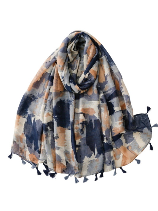 Scarvii abstract brushstroke scarf with multicolor tassels displayed flat