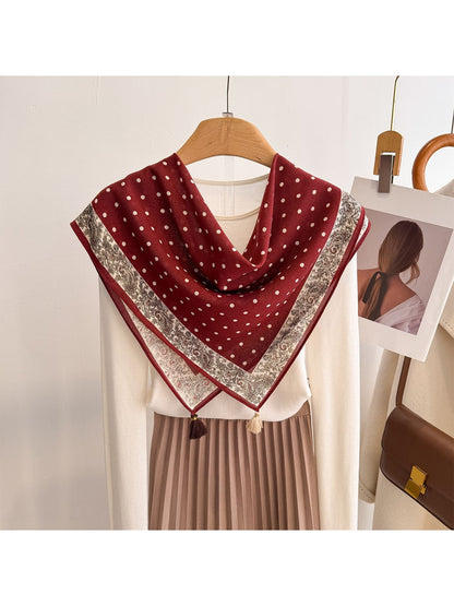 Scarvii - Polka Dot Print Tassel Accent Square Scarf