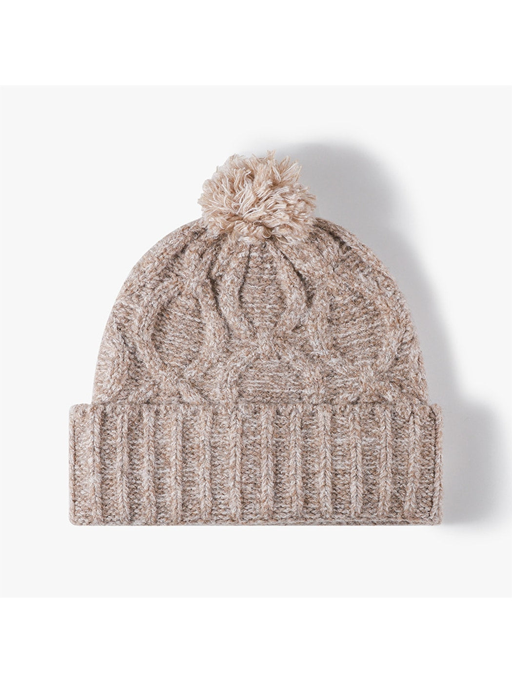 Haila - Pom Pom Cable Knit Folded Cuff Beanie
