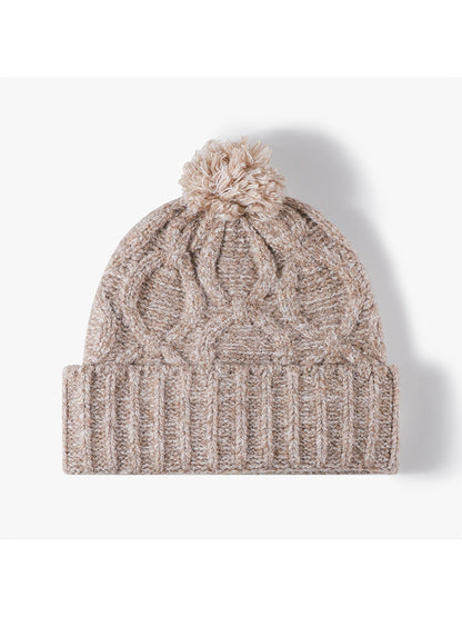 Haila - Pom Pom Cable Knit Folded Cuff Beanie