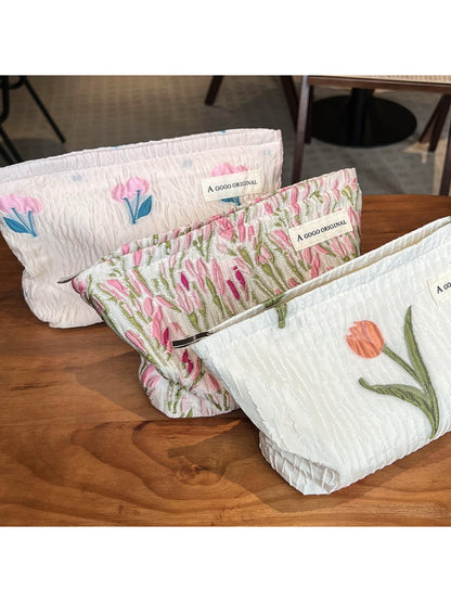 Cosbai – Tulip & Cherry Embossed Canvas Makeup Bag