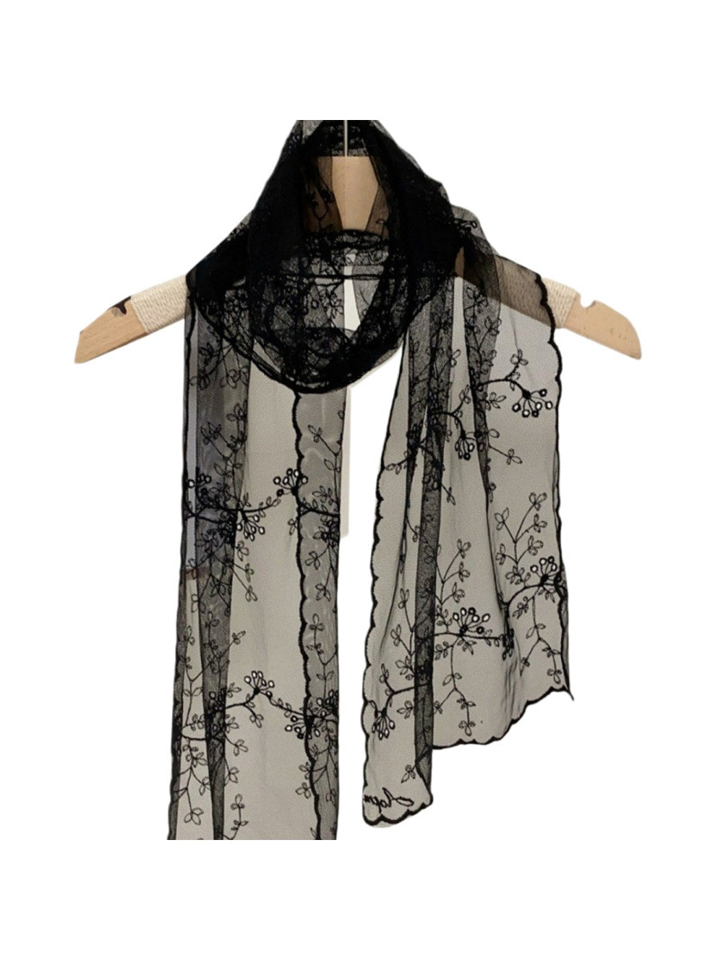 Scarvii - Floral Embroidered Solid Lace Long Scarf