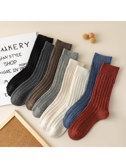 Rufia - Solid Color Ribbed Casual Crew Socks
