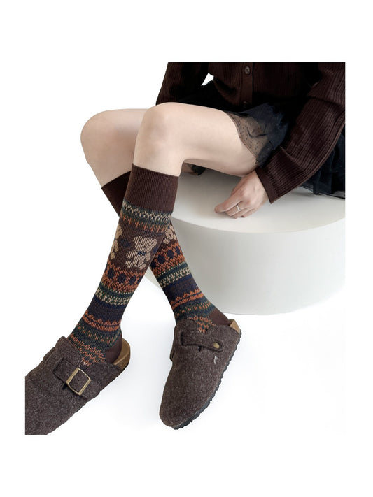 Rufia - Vintage Bear Pattern Mid-Calf Socks