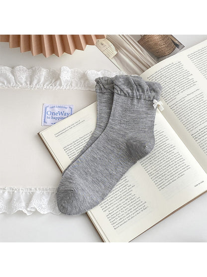 Rufia - Solid Color Bow Detail Fashion Crew Socks