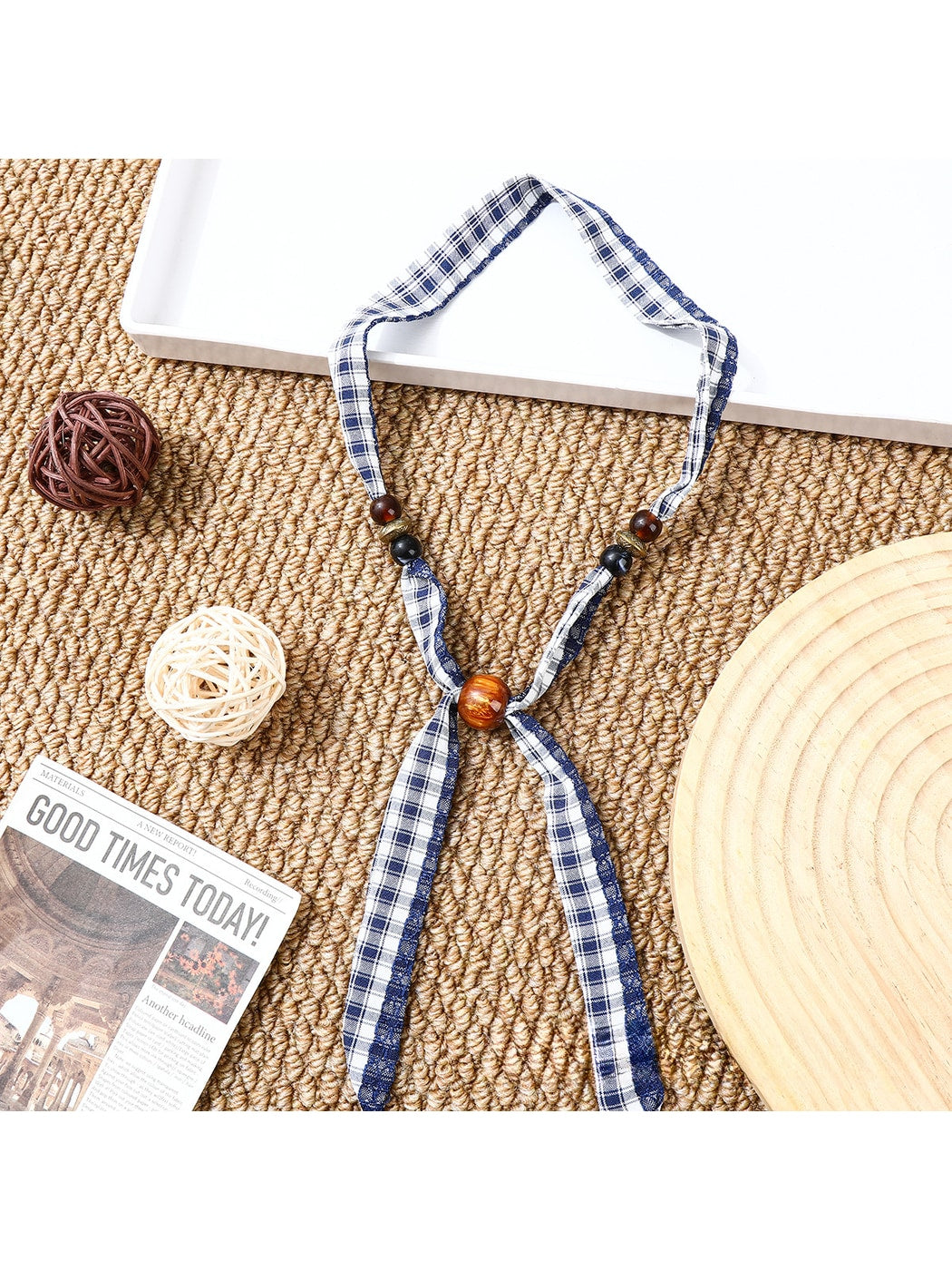 Scarvii - Retro Plaid Print Beaded Narrow Scarf