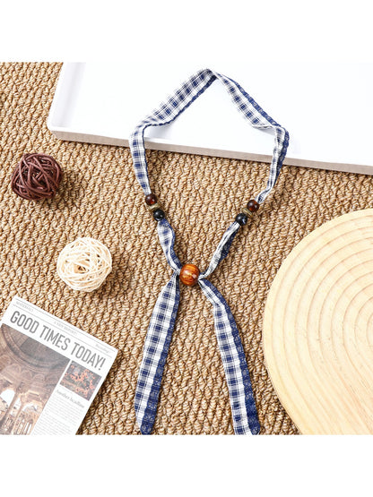 Scarvii - Retro Plaid Print Beaded Narrow Scarf