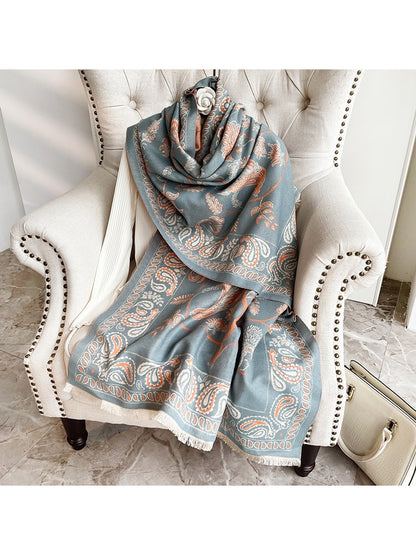 Scarvii - Paisley Border Bird Motif Fringed Scarf