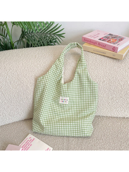Top view of Cosbai check pattern tote bag showing open interior and handles