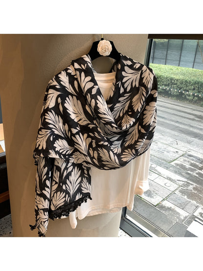 Scarvii - White Leaves Print Rectangular Scarf