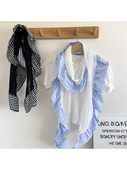 Scarvii - Gingham Lace Ruffle Long Scarf