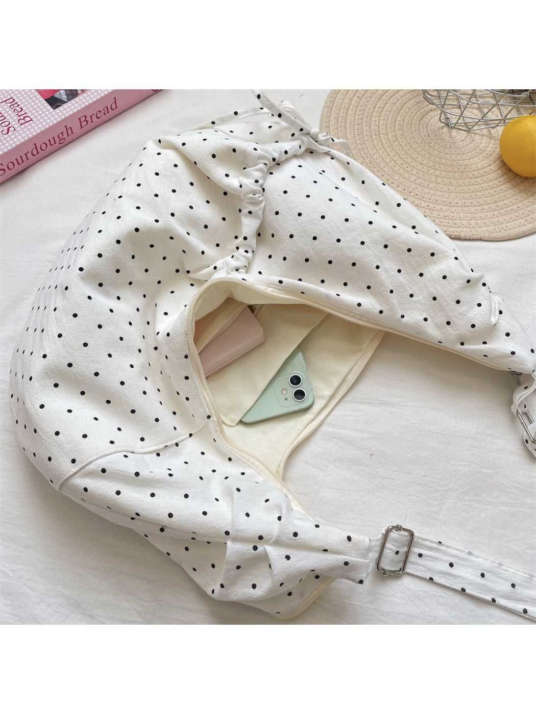 Top view of Cosbai Polka Dot Crescent Shoulder Bag showing