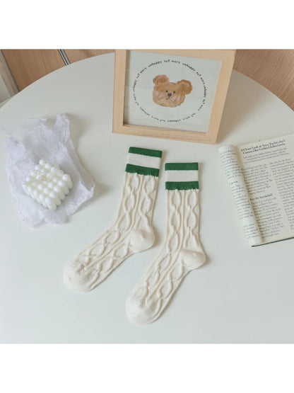 Rufia - Striped Ribbed-Cuff Cable Knit Crew Socks