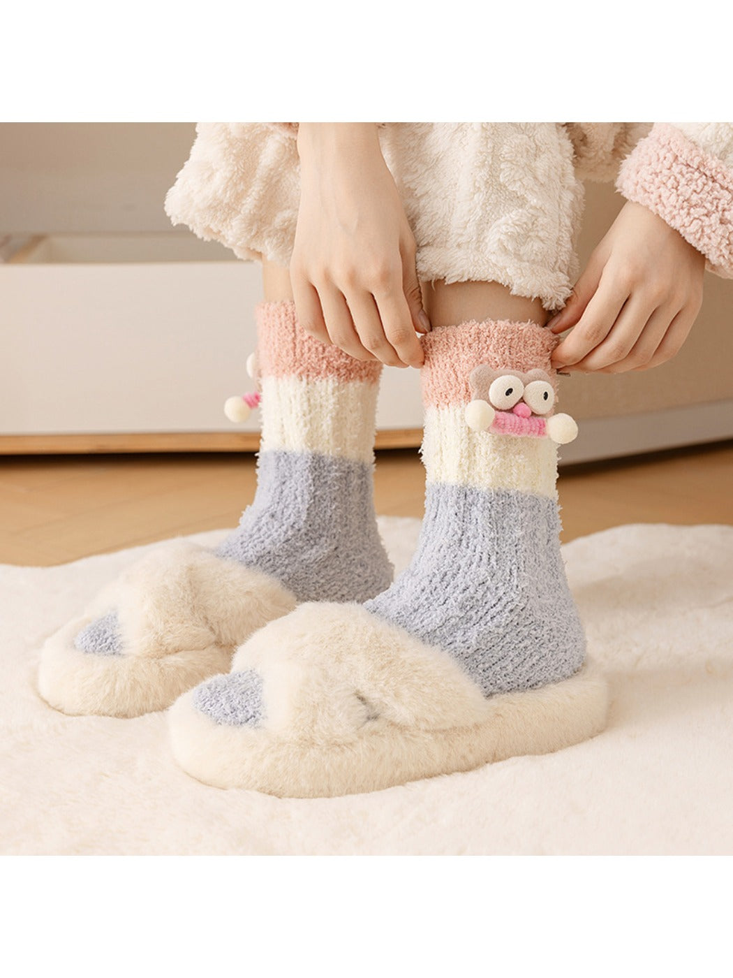 Rufia - Winter Coral Fleece Mid-Calf Socks with 3D Cartoon Accent