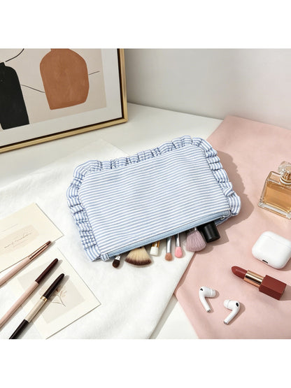 Cosbai - Pastel-toned Striped Ruffle Trim Zip Pouch