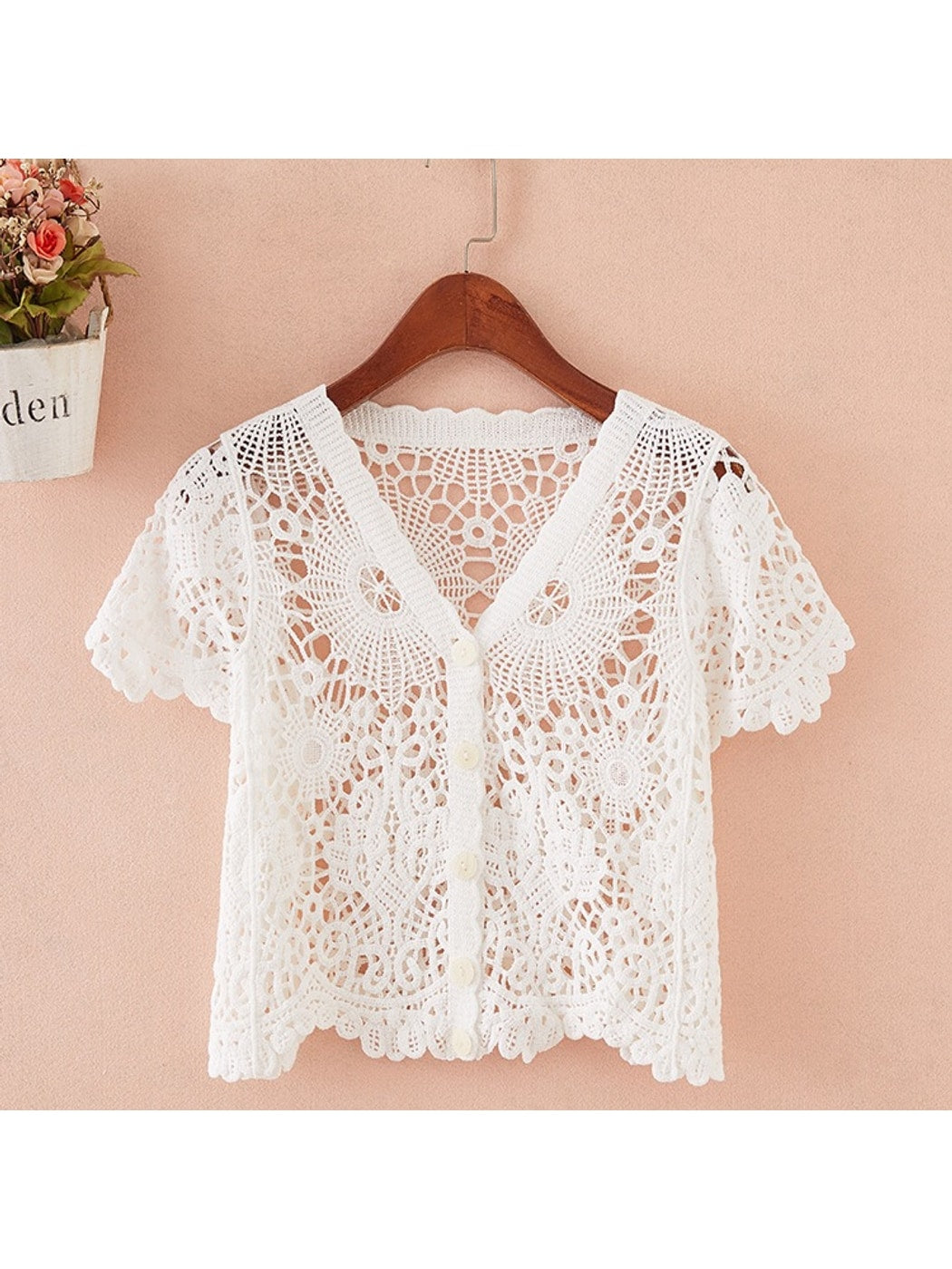 Crosa - Vacation Style V-Neck Hollow Out Knit Cardigan