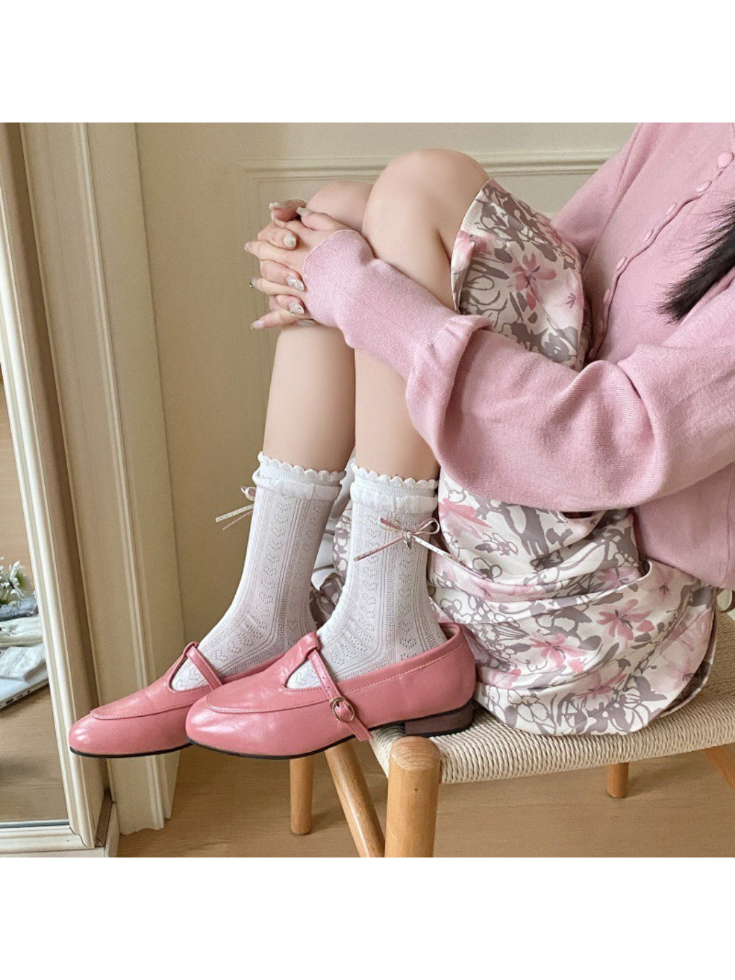 Close-up of Rufia crew socks showing check pattern and ribbon detail
