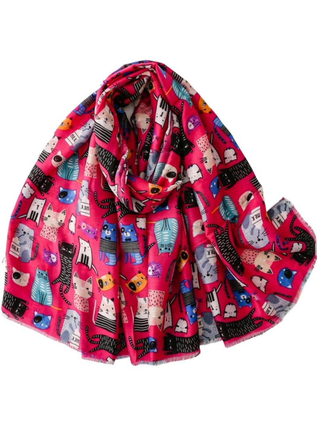 Scarvii scarf laid flat displaying full colourful cat sketch artwork